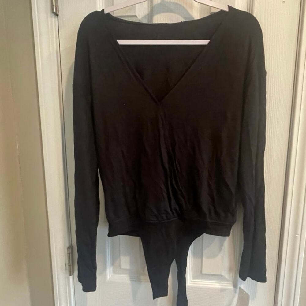 Paige Kinsey Surplice Long Sleeve Soft Pointe Bodysuit in Black, A73